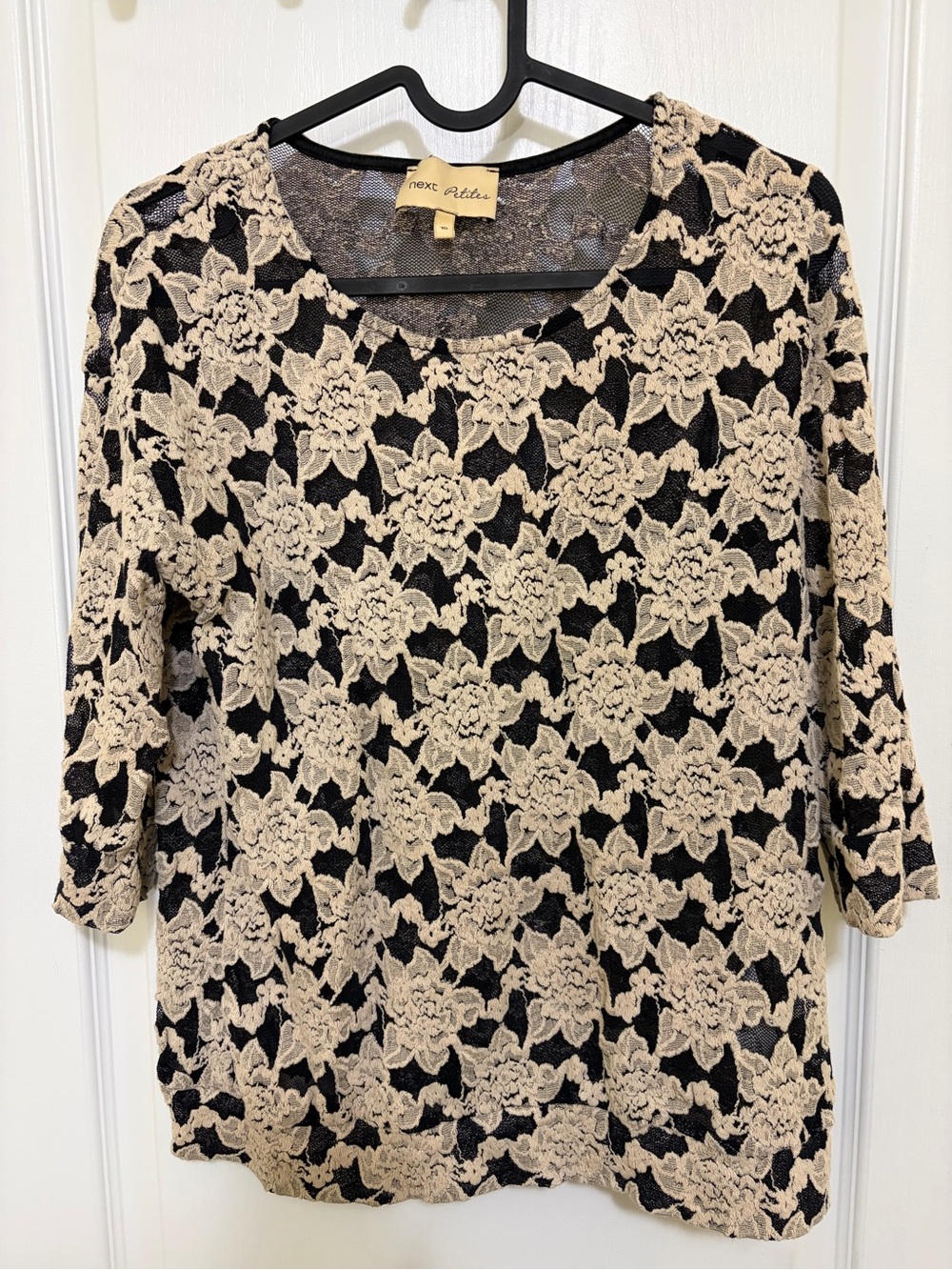 Black & Beige Lace Overlay Women's Top | Petite size 10